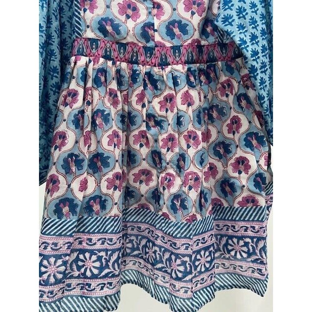 Oliphant Mini Dress Long Balloon Sleeves Tie Front Floral Fern‎ Blue Small NWT - Picture 6 of 12
